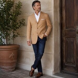 Ermenegildo Zegna Linen Wool Sport Coat Blazer Tan Peach Windowpane 46L Italy